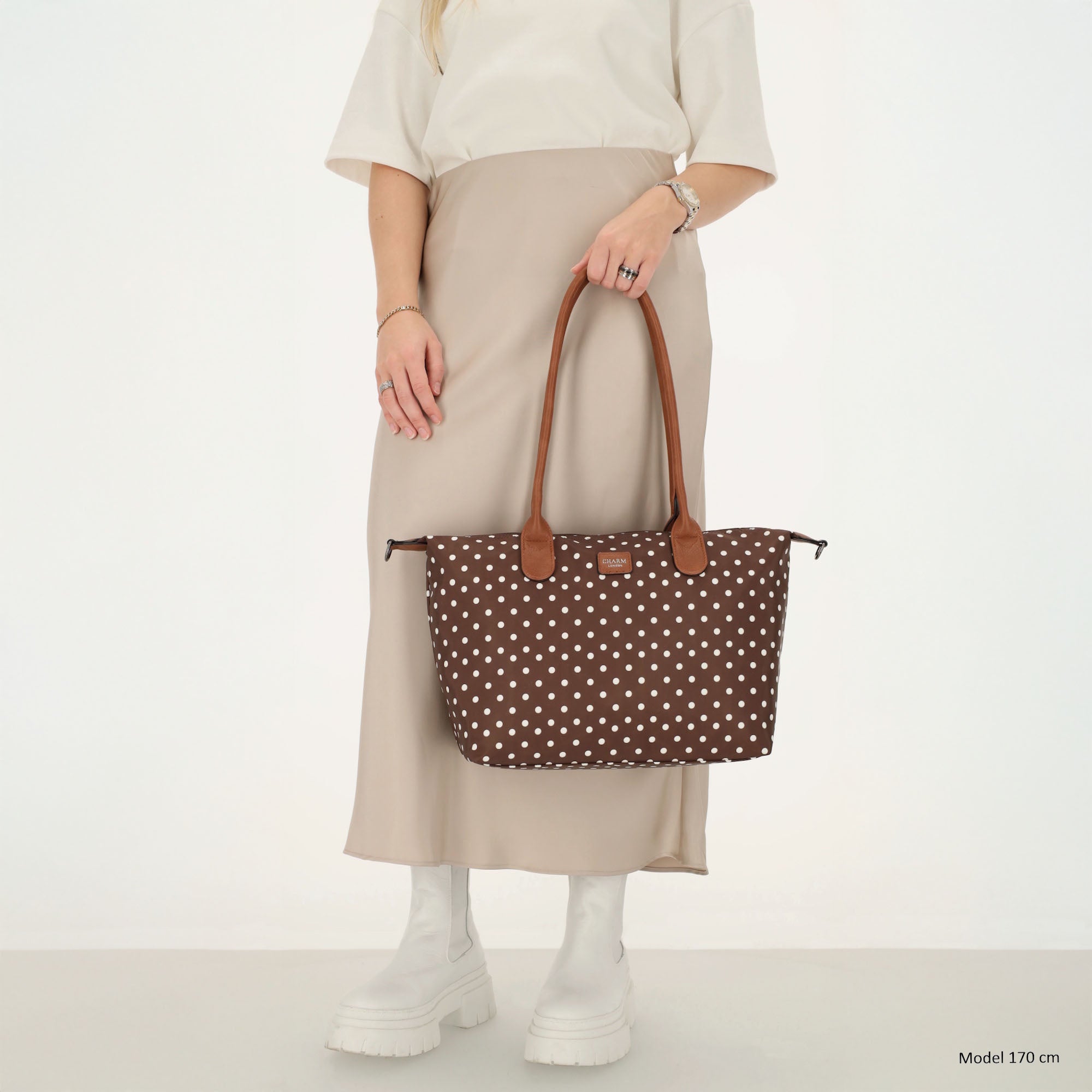 Buckingham - Shopper stippen wit-donkerbruin