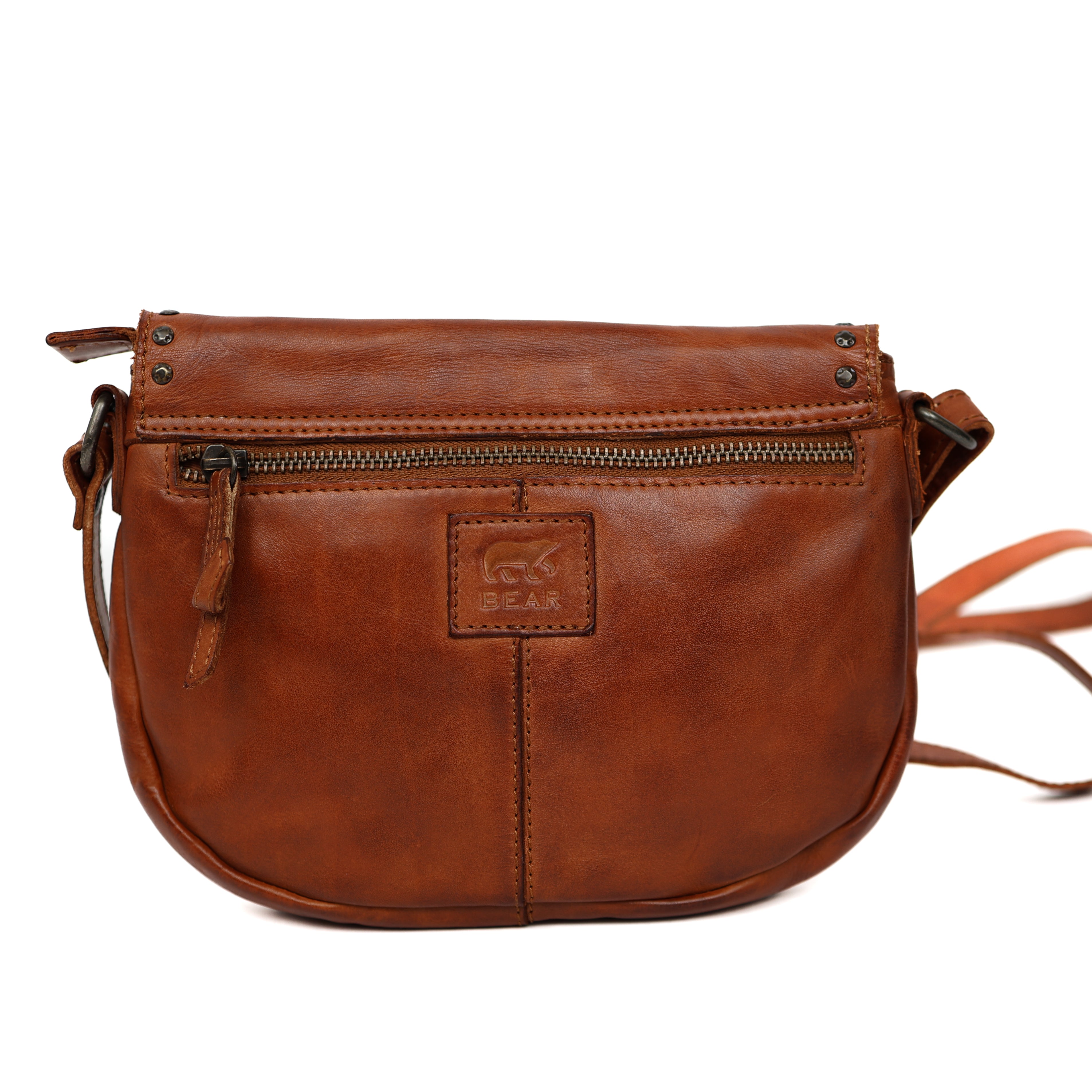 Kleine Umhängetasche mit Überschlag 'Jackie' Cognac Nieten