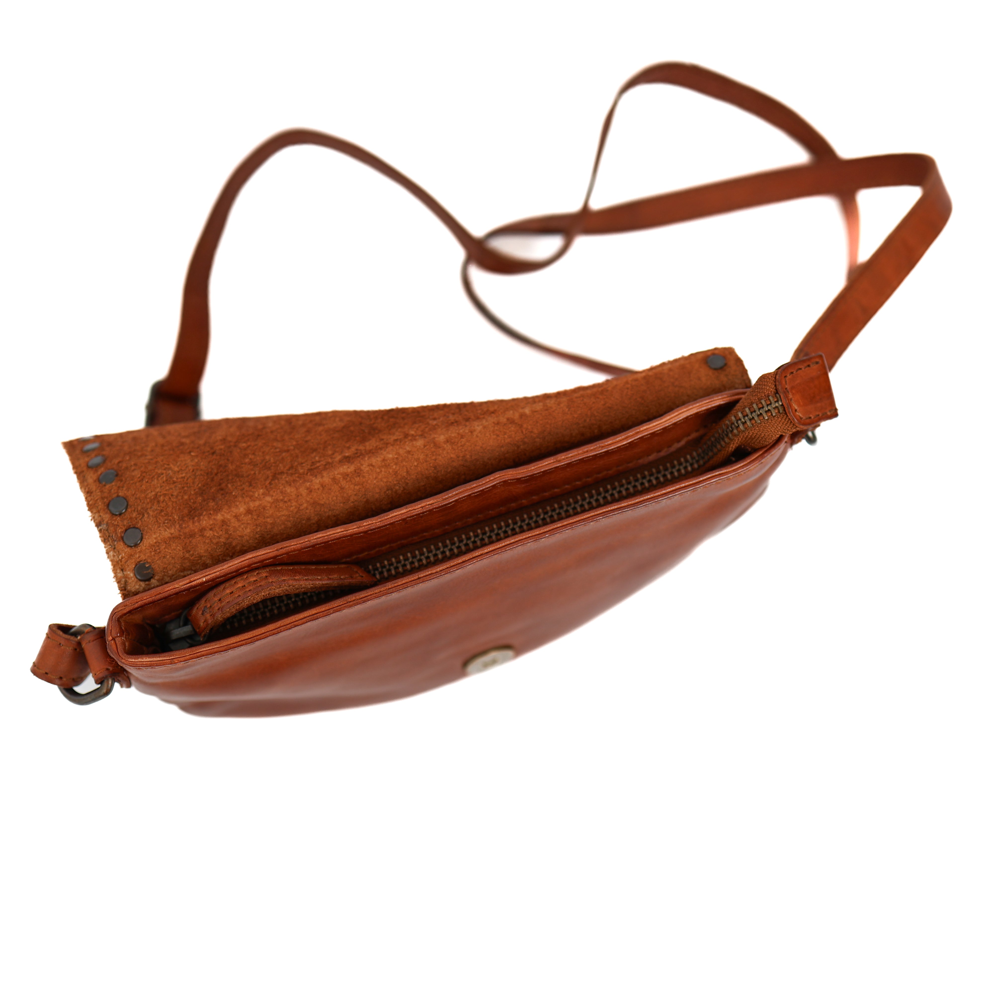 Kleine Umhängetasche mit Überschlag 'Jackie' Cognac Nieten