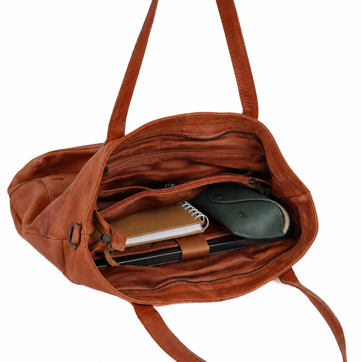 Geräumige Shopper-/Schultertasche mit Laptopfach – „Claire“ Cognac