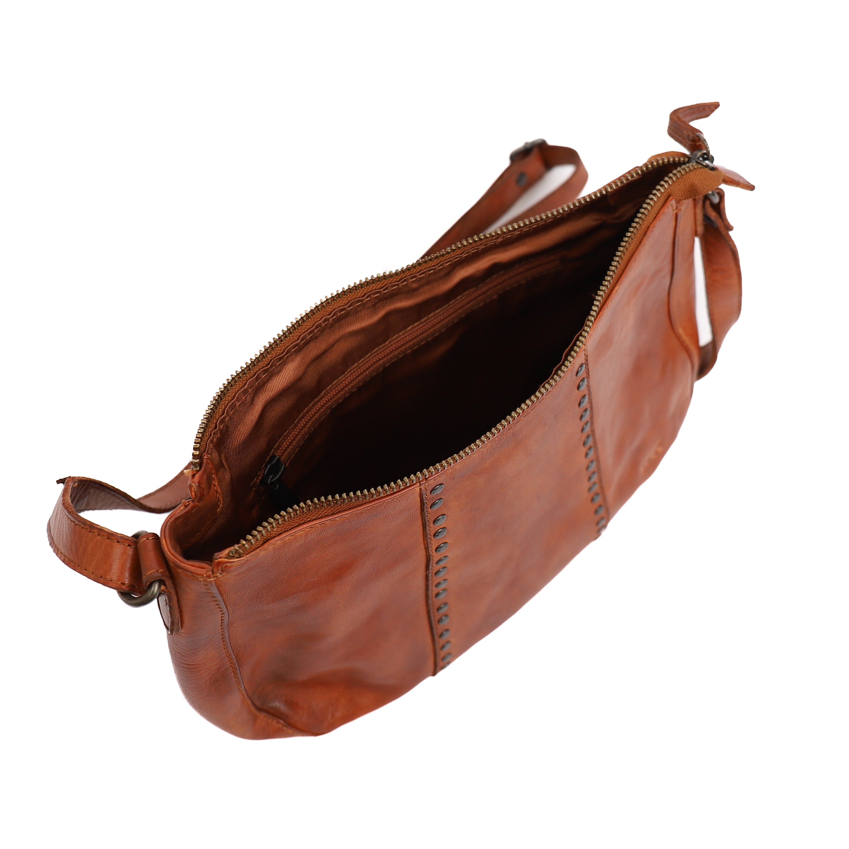 Mittlere Umhängetasche mit Nieten 'Saar' Cognac