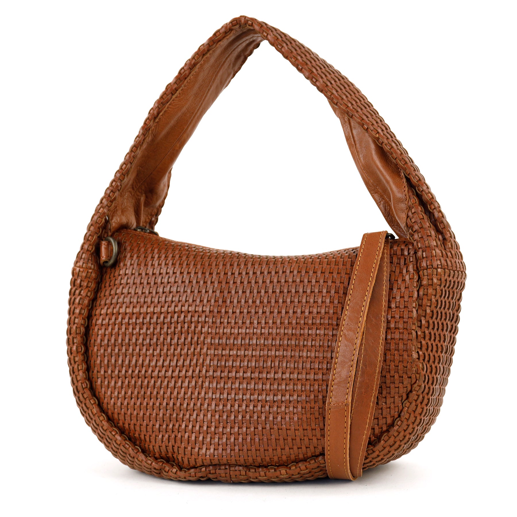 Gevlochten buideltasje 'Alice' M cognac