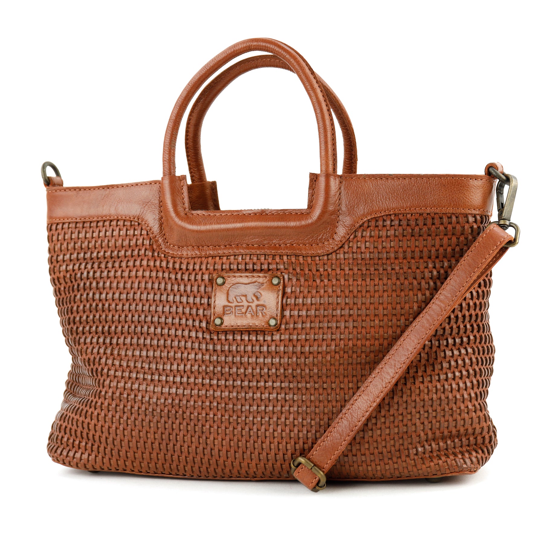 Gevlochten hand-/schoudertasje 'Jasmijn' M cognac