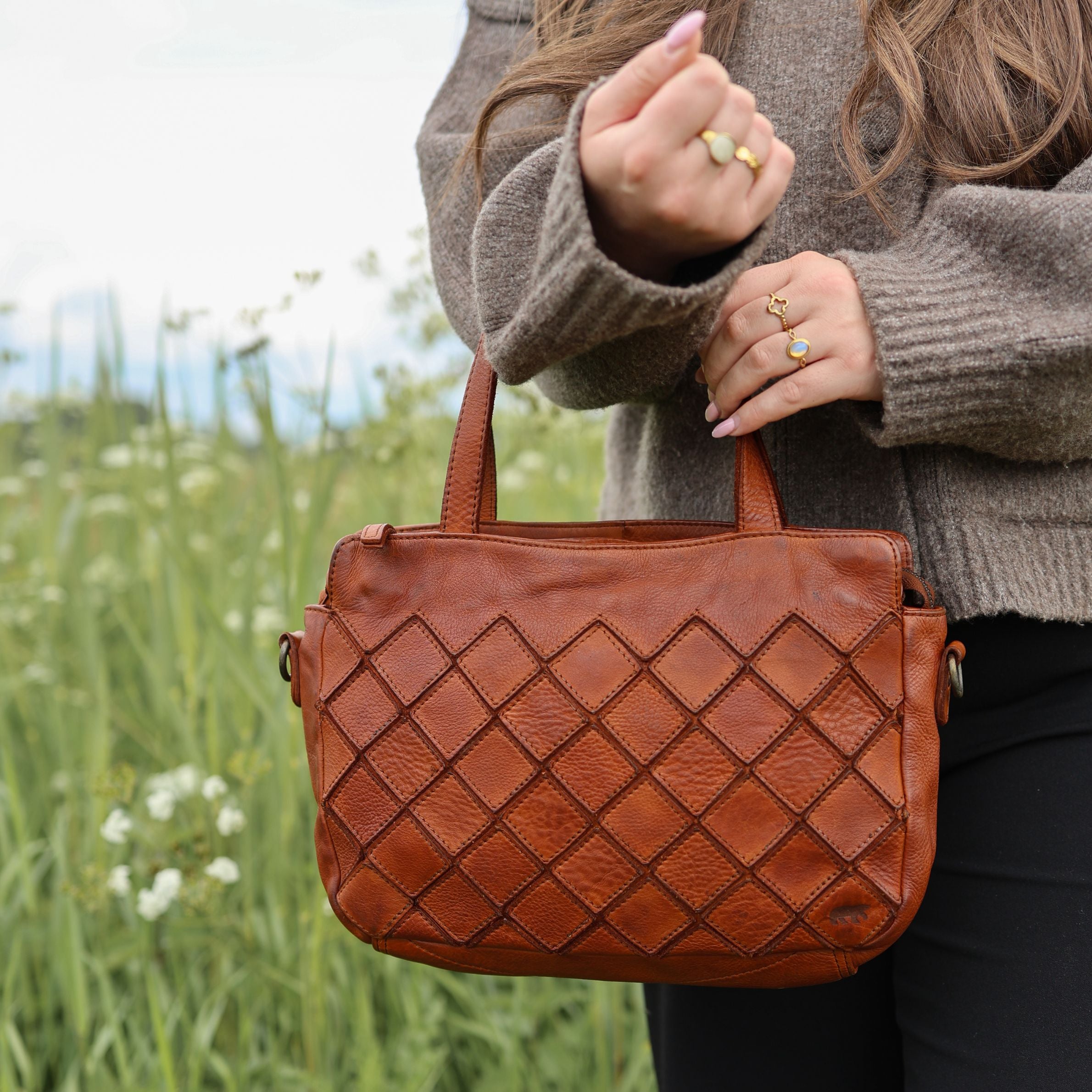 Patchwork Hand-/Umhängetasche 'Alice' Cognac