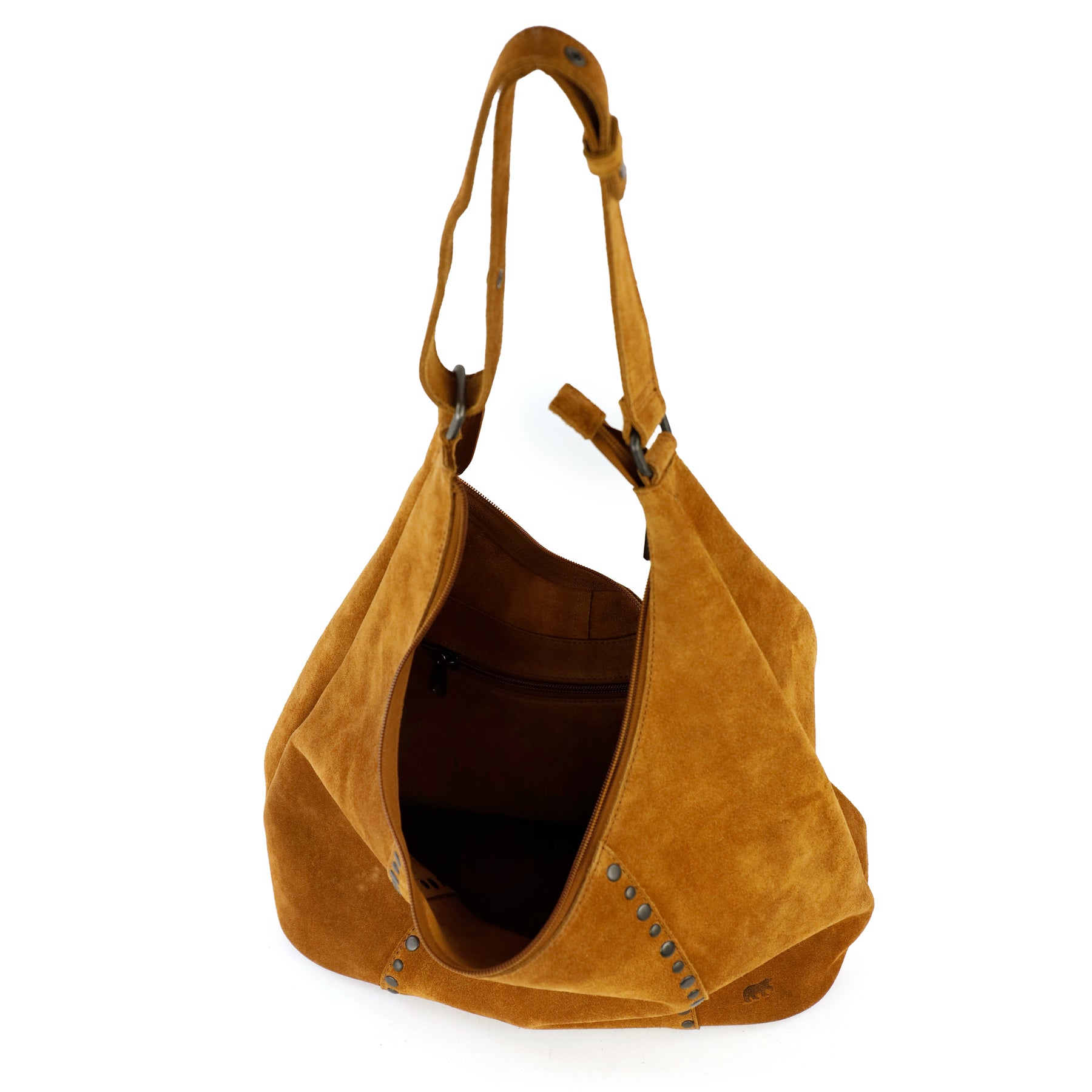 Velours Beuteltasche mit Nieten 'Cecilia' Cognac