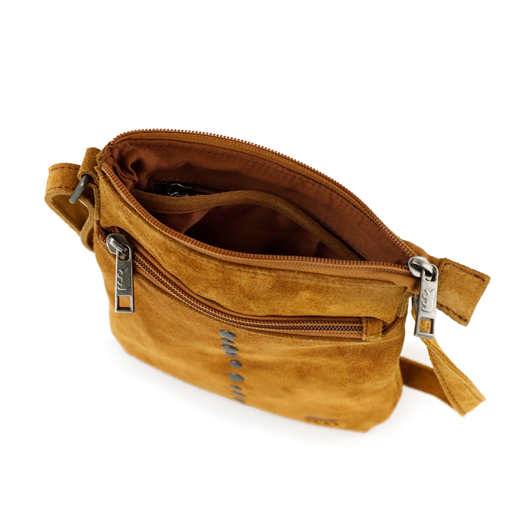 Velours Umhängetasche mit Nieten 'Clara' Cognac