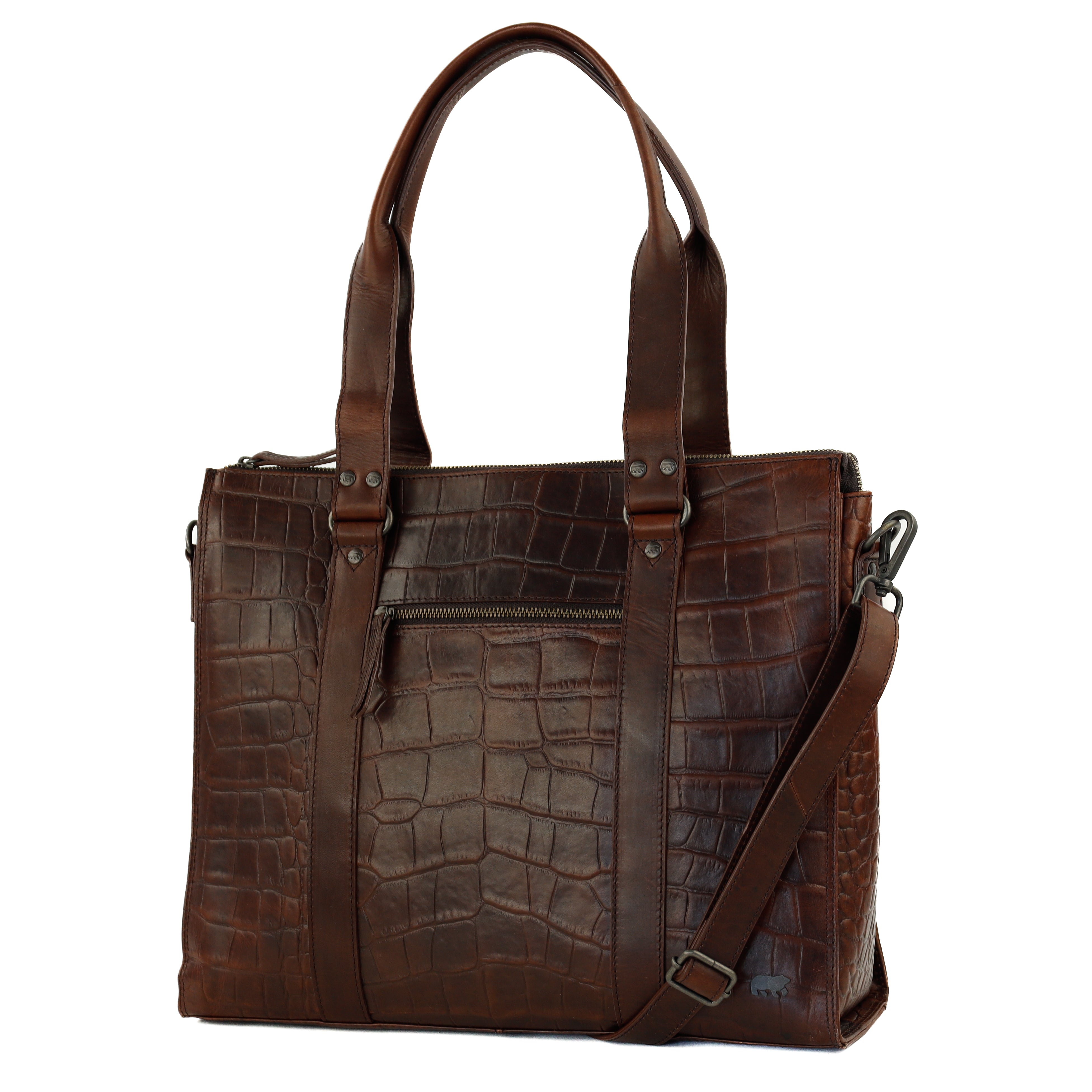 Croco Hand-/Umhängetasche mit Laptopfach 15.6" 'Aurelia' Dunkelbraun