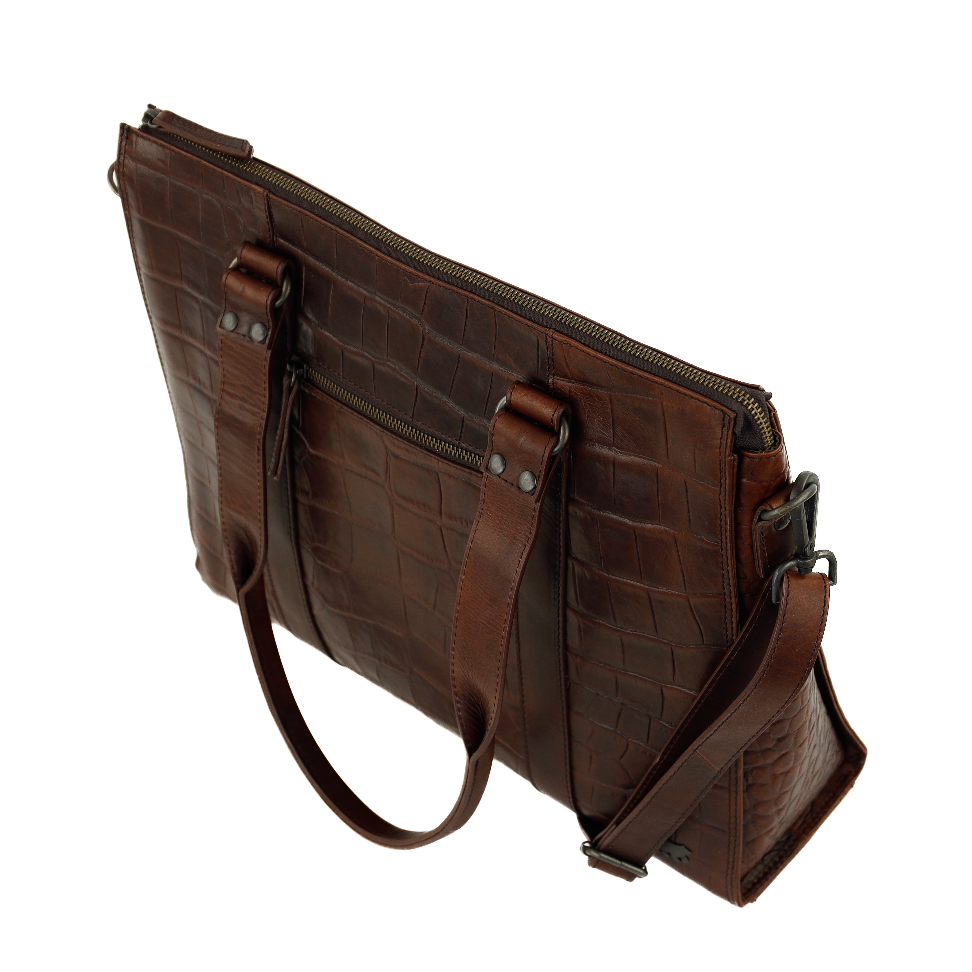Croco Hand-/Umhängetasche mit Laptopfach 15.6" 'Aurelia' Dunkelbraun
