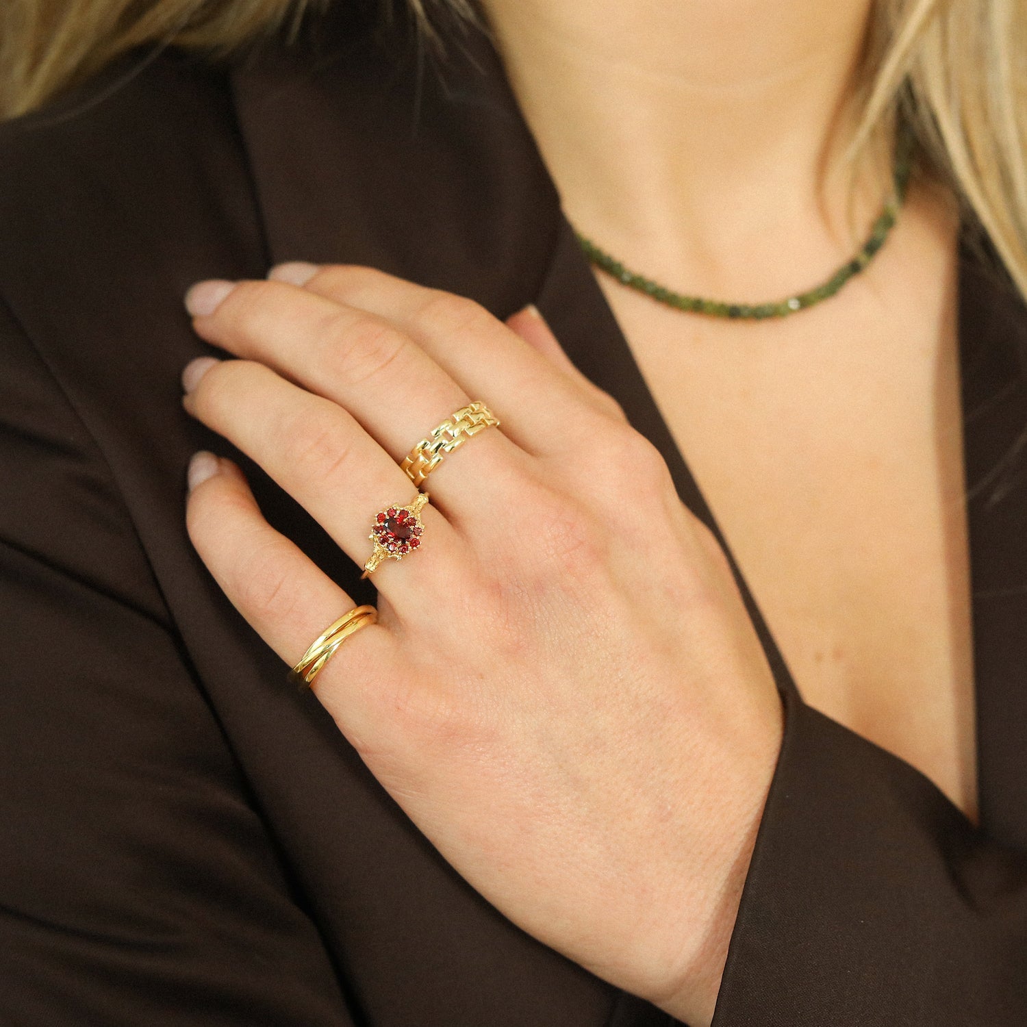 Vintage Granat-Blumenring | 14K Gold