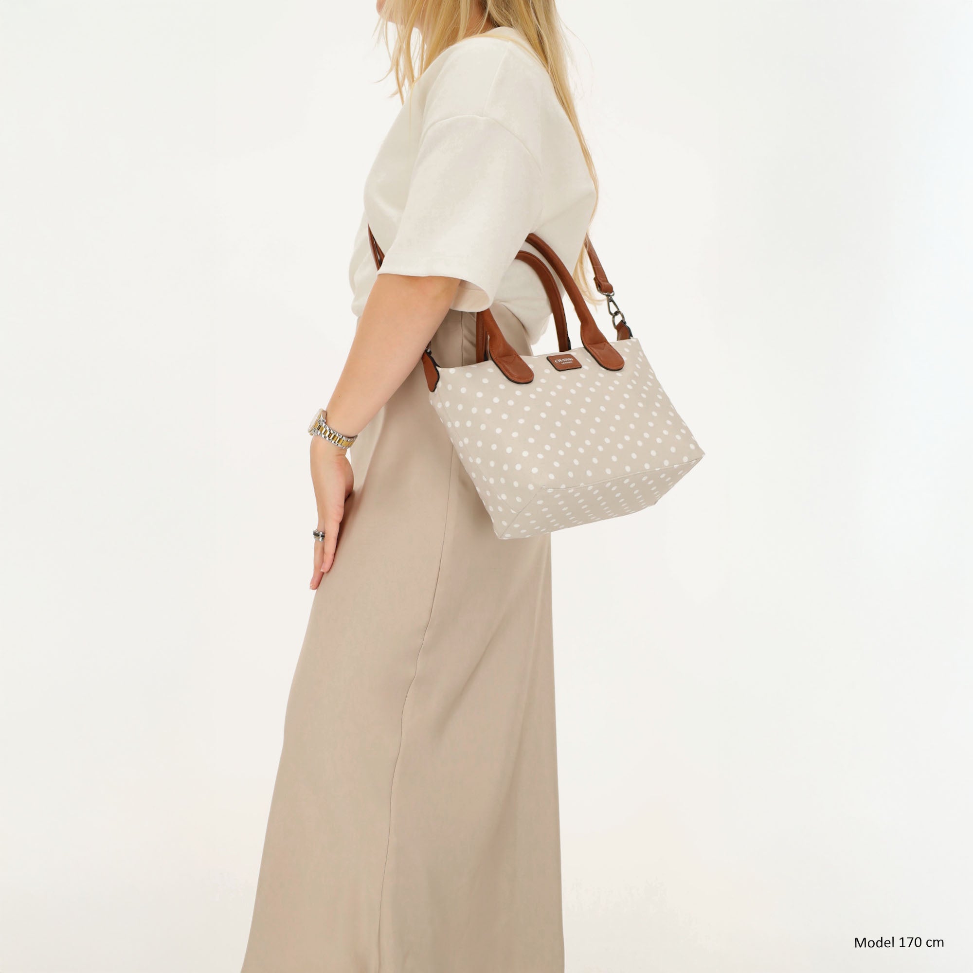 Buckingham - Handtas stippen wit-taupe