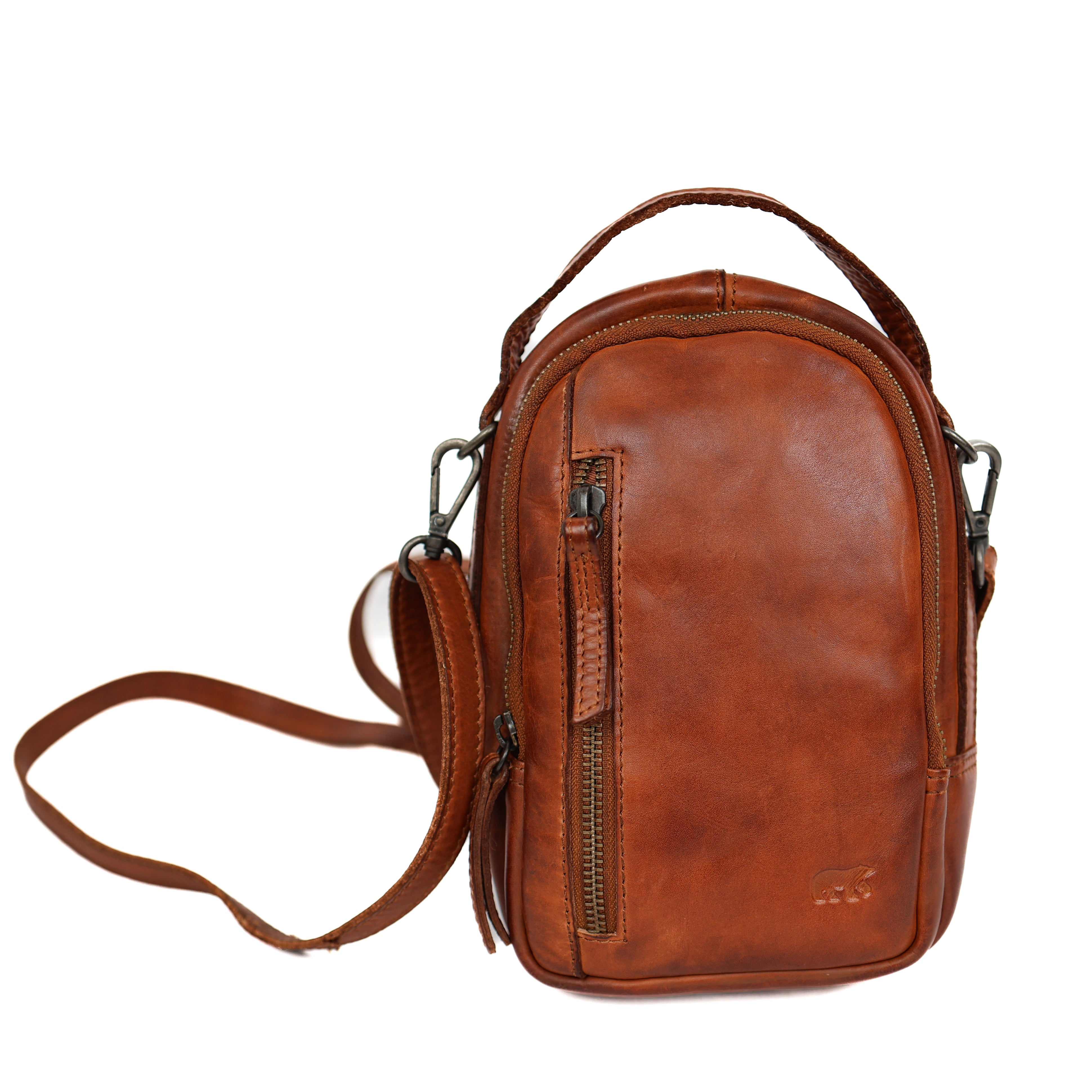 Kleine Umhängetasche mit Reißverschlüssen 'Bodhi' Cognac