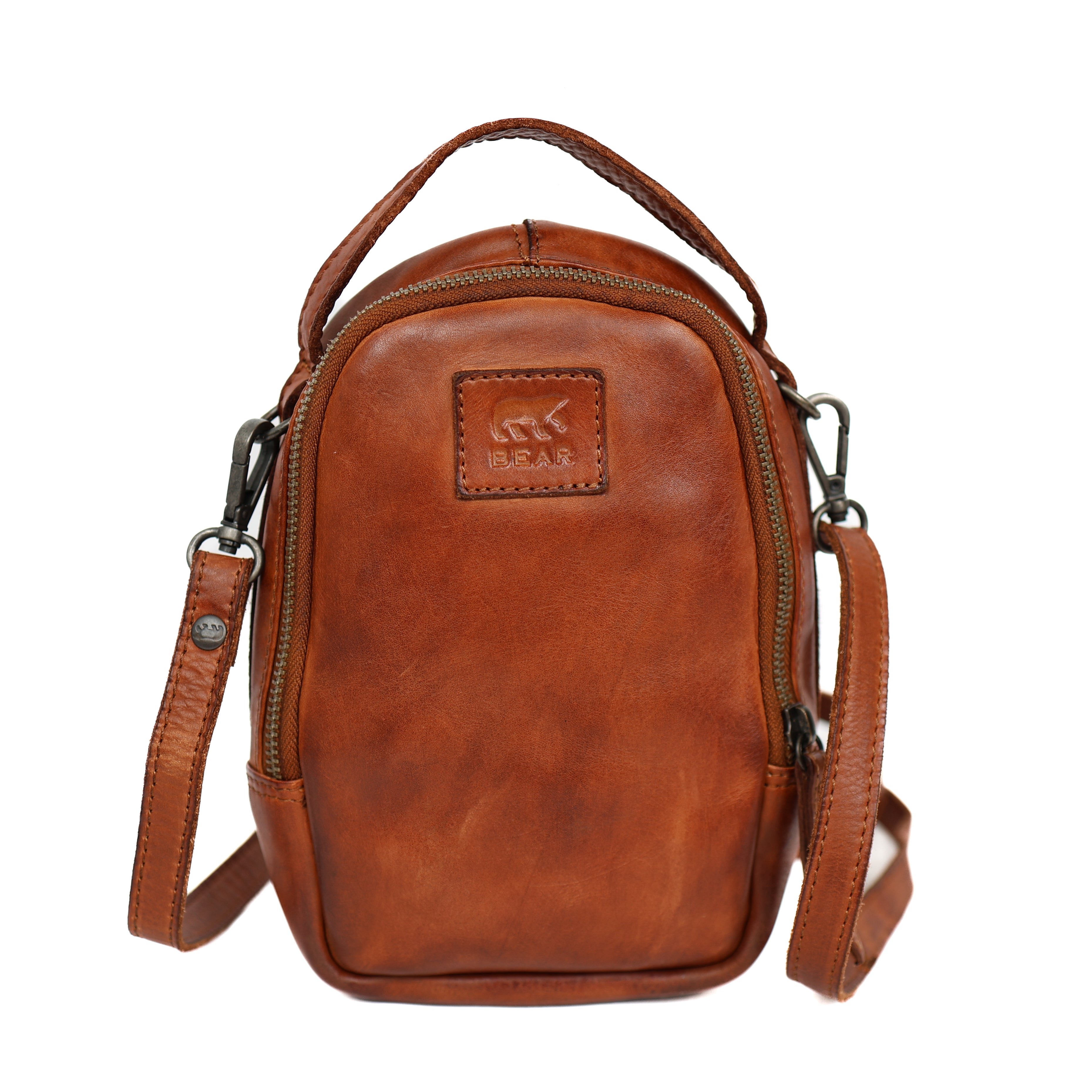 Kleine Umhängetasche mit Reißverschlüssen 'Bodhi' Cognac