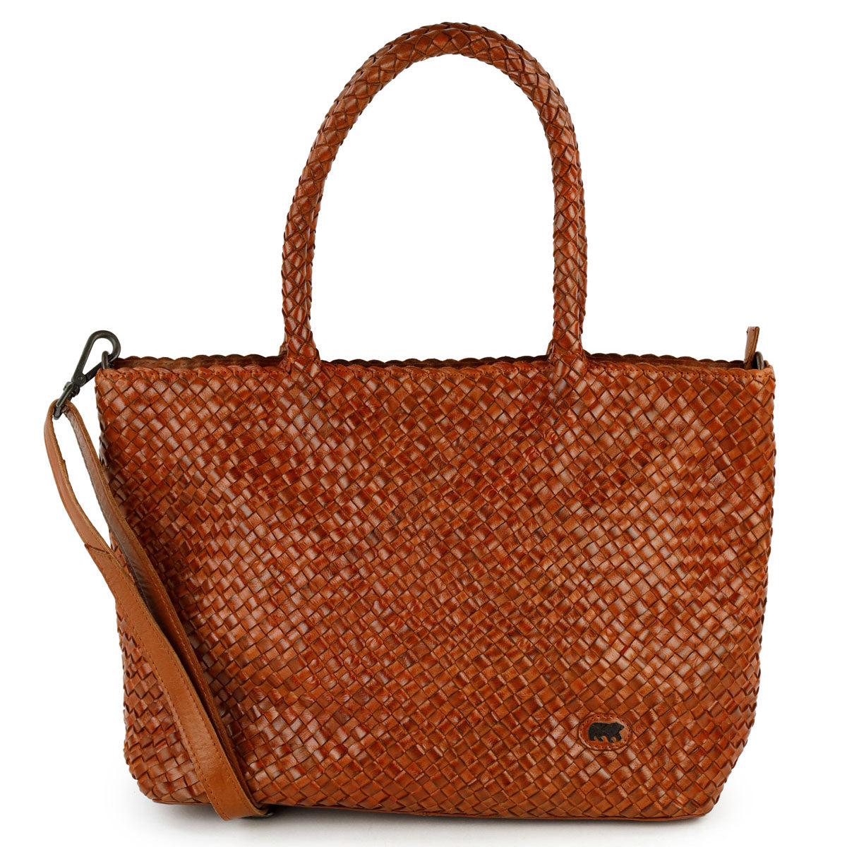 Geflochtene Shopper-/Schultertasche „Suus“ Cognac