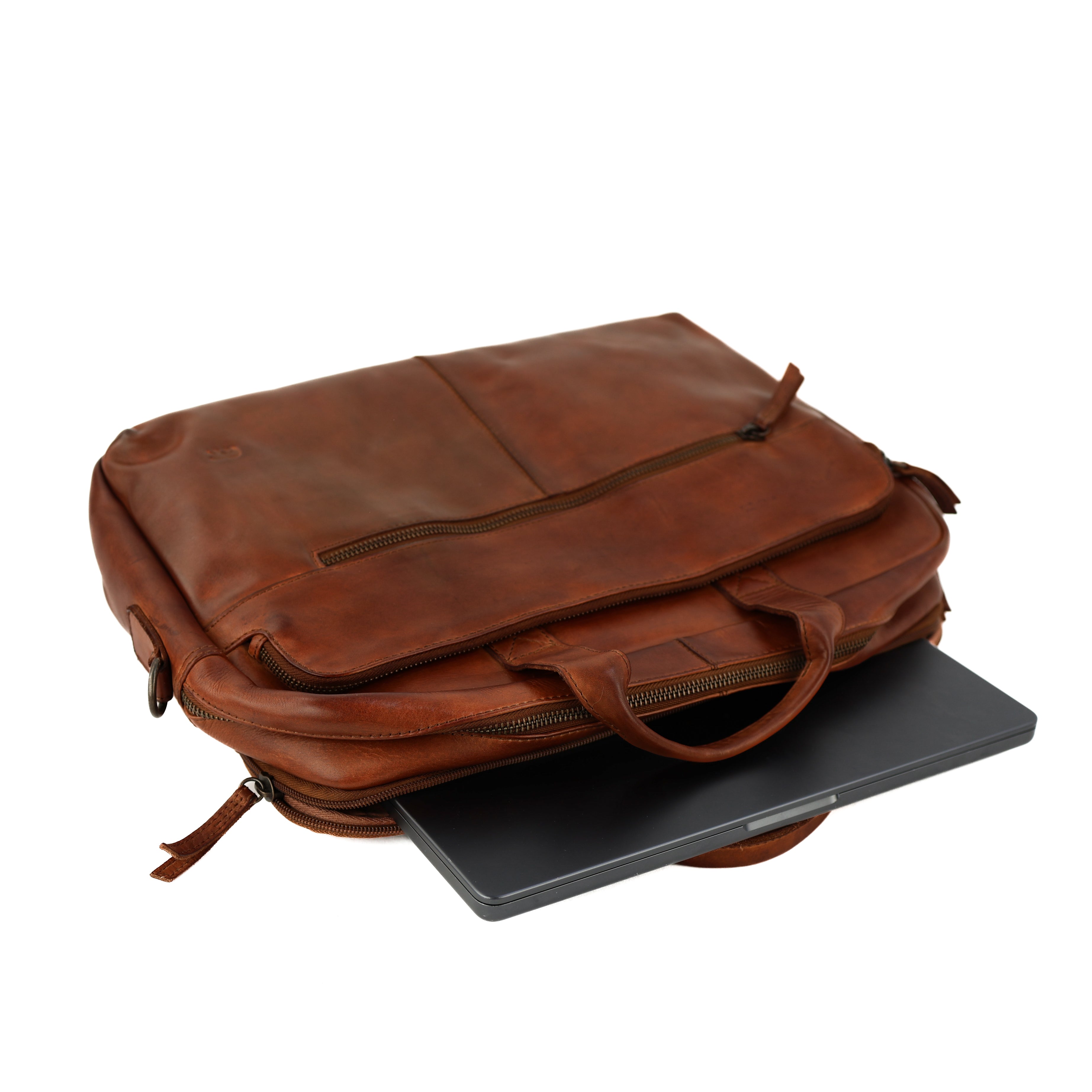 Laptoptasche 15.6” mit Doppelreißverschluss 'Jamie' Cognac