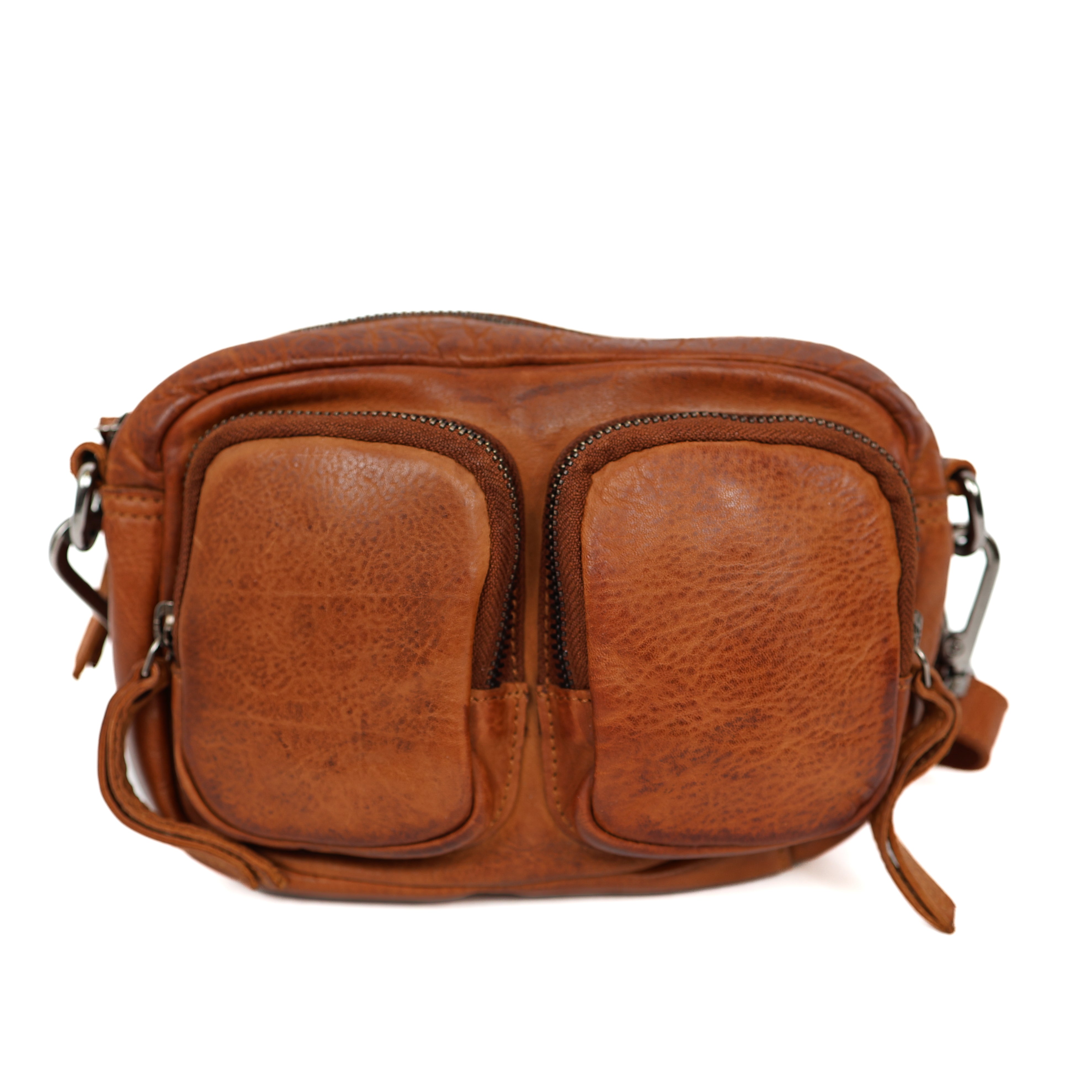 Klein schoudertasje met voorvakjes 'Amber' cognac