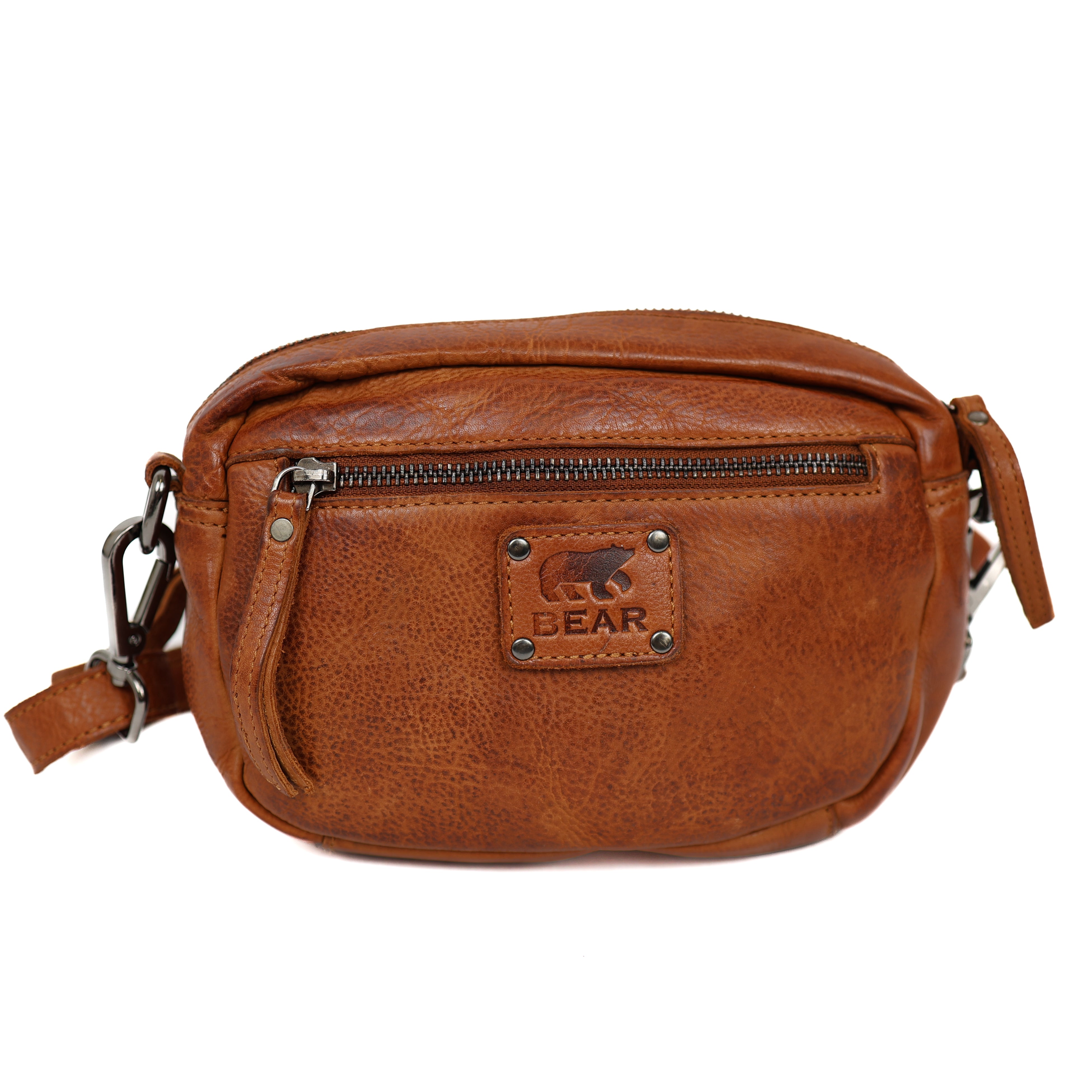 Klein schoudertasje met voorvakjes 'Amber' cognac