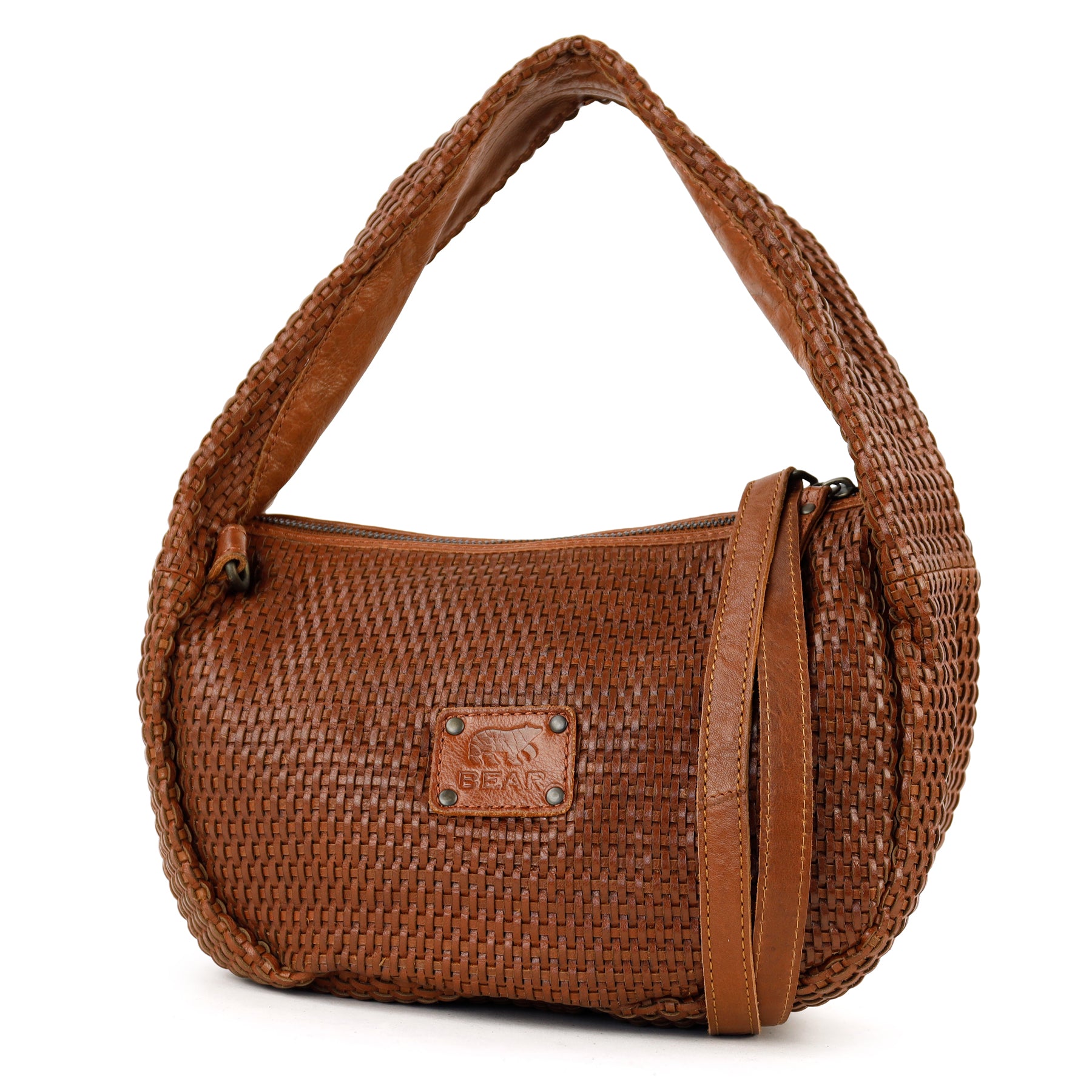 Gevlochten buideltasje 'Alice' M cognac