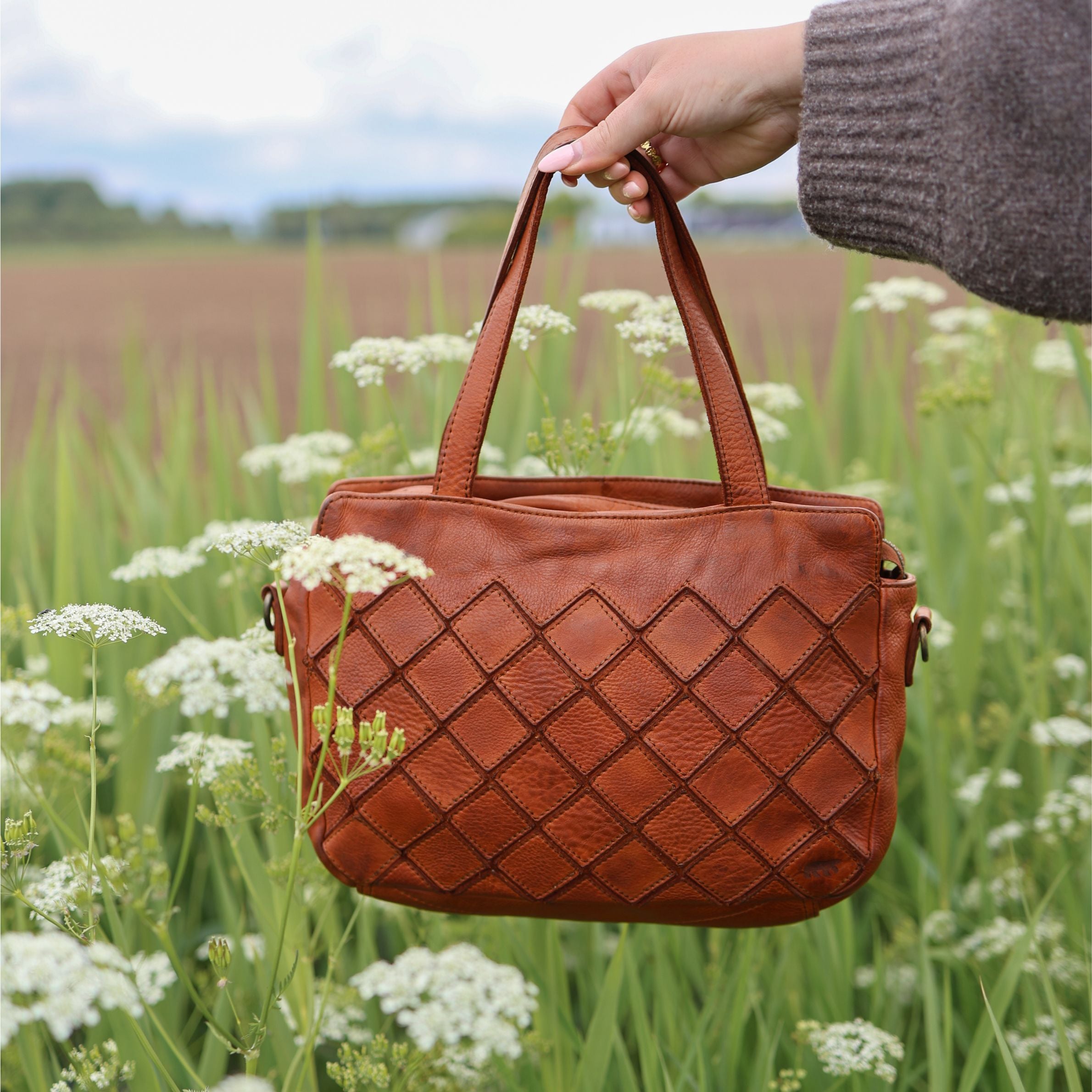 Patchwork Hand-/Umhängetasche 'Alice' Cognac