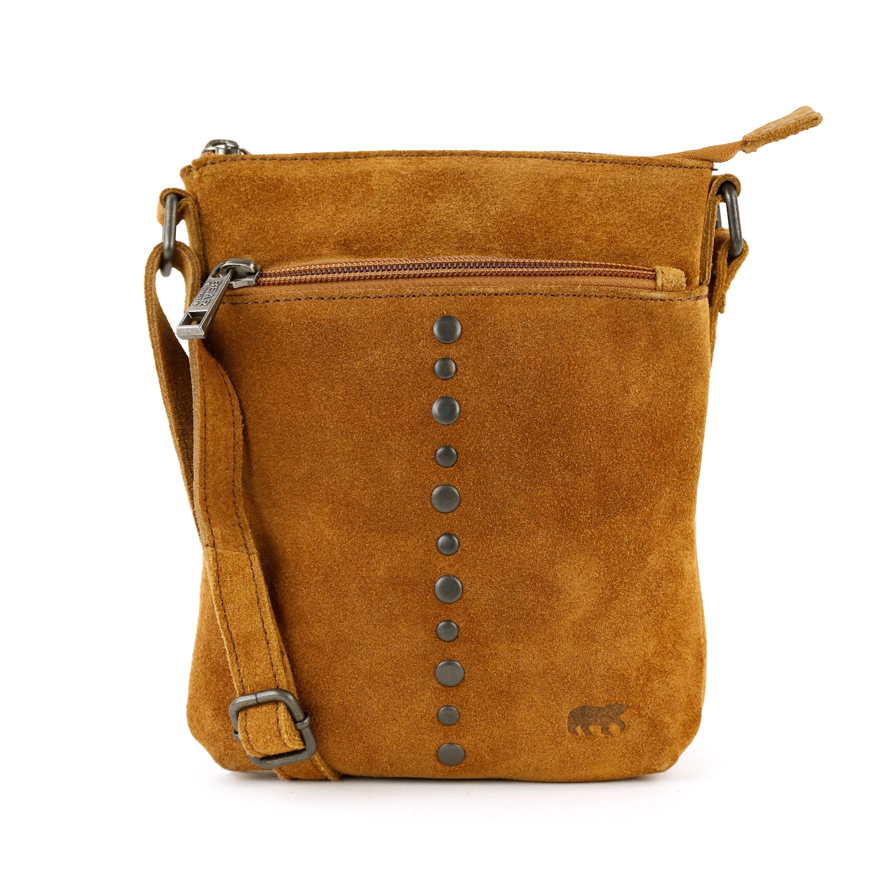 Velours Umhängetasche mit Nieten 'Clara' Cognac