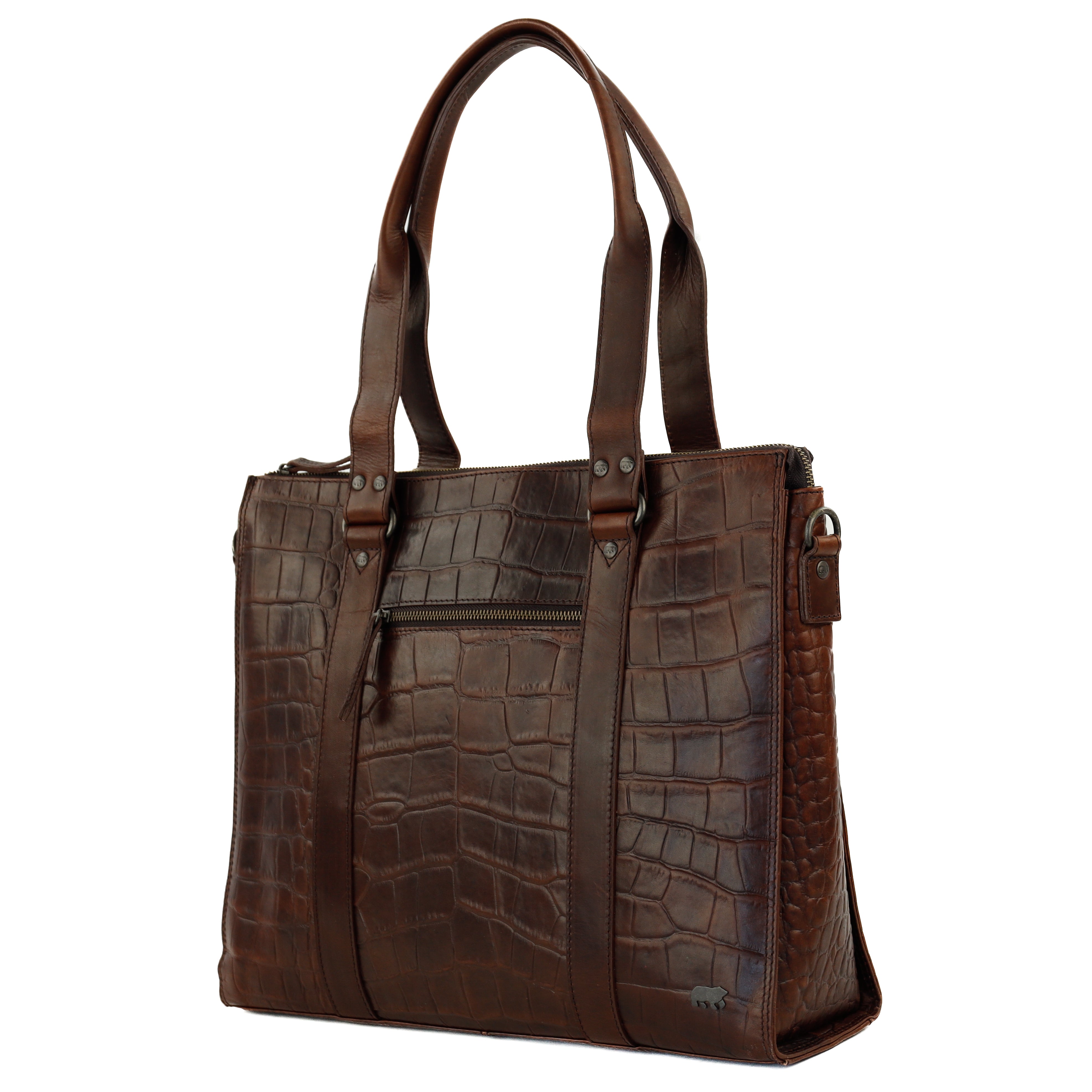 Croco Hand-/Umhängetasche mit Laptopfach 15.6" 'Aurelia' Dunkelbraun