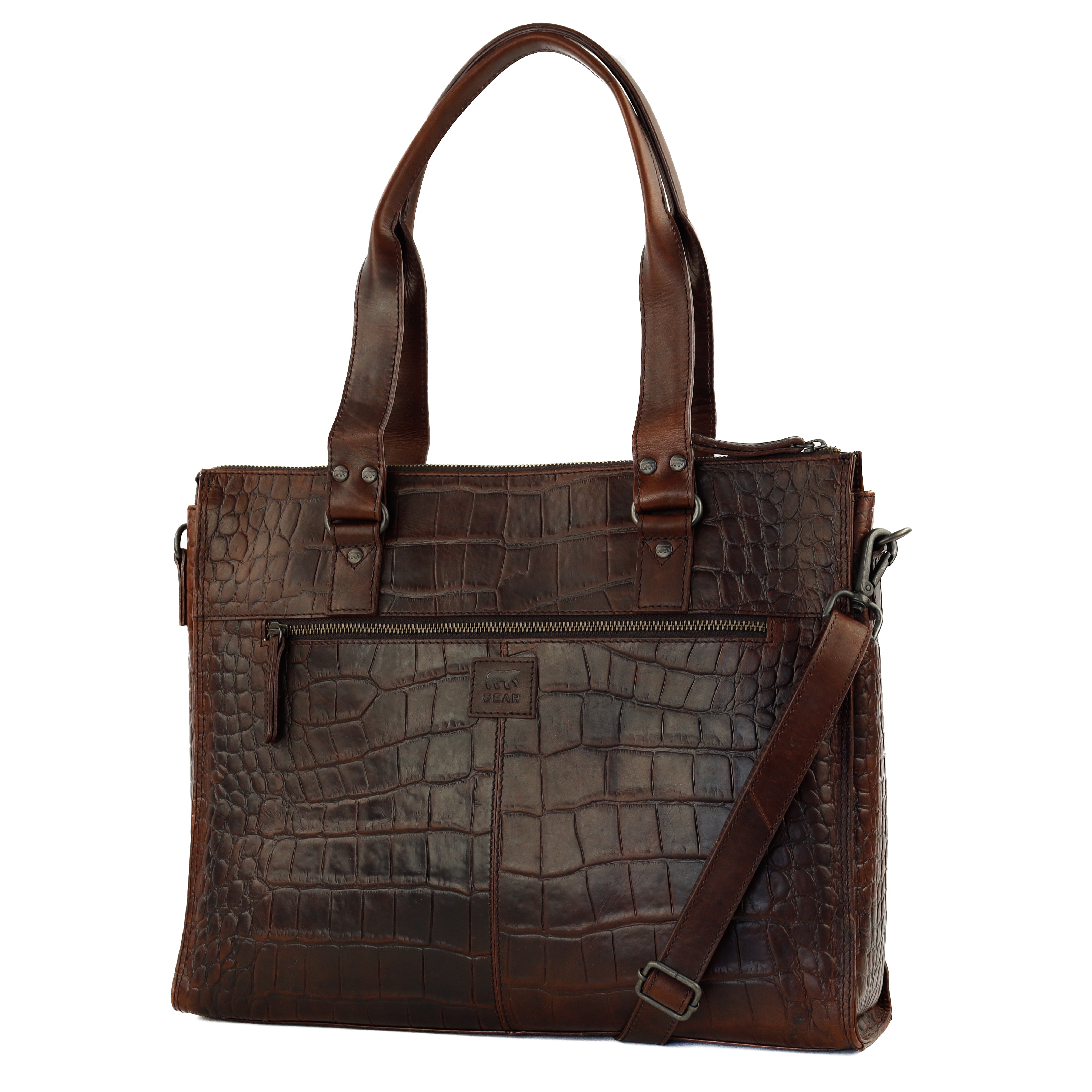 Croco Hand-/Umhängetasche mit Laptopfach 15.6" 'Aurelia' Dunkelbraun