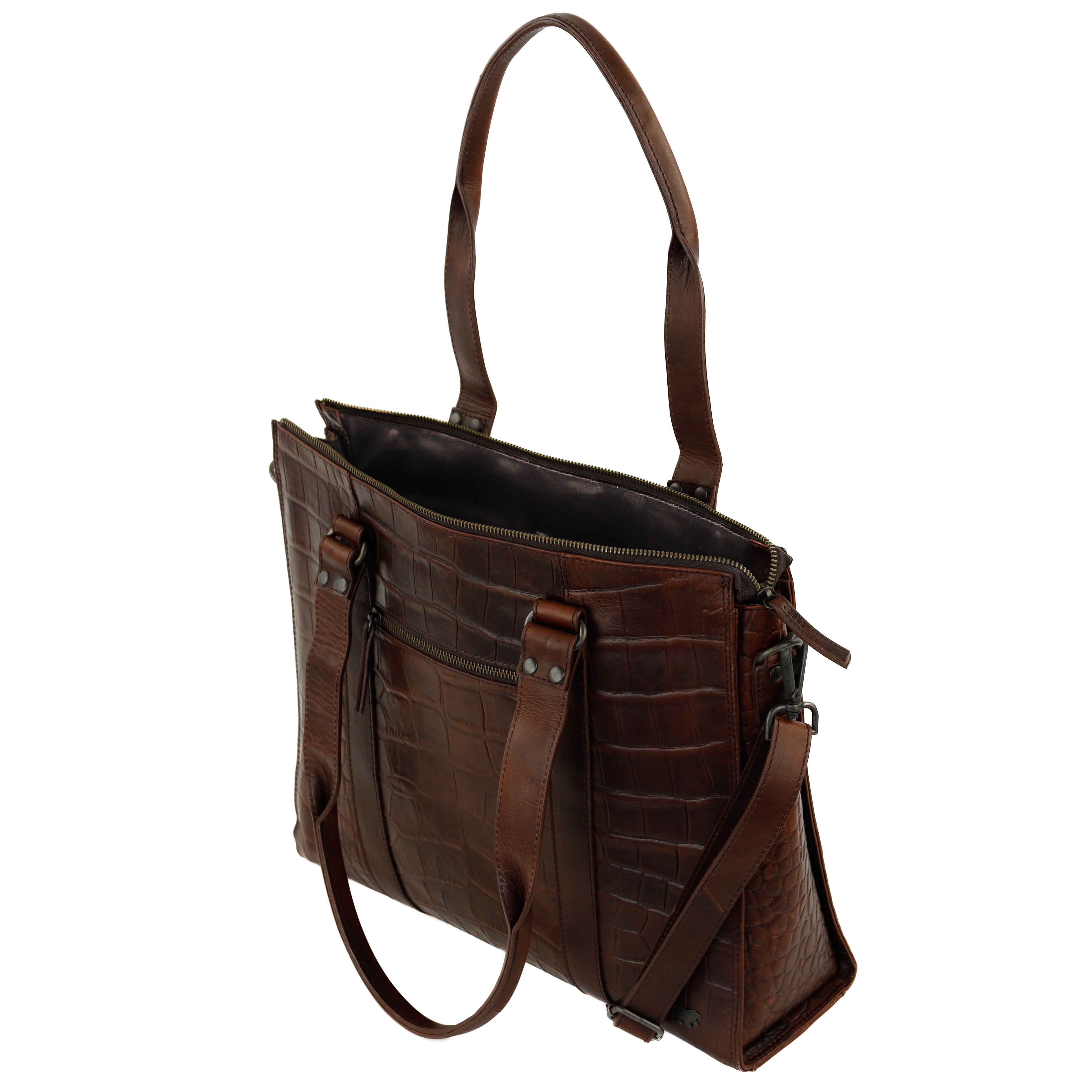 Croco Hand-/Umhängetasche mit Laptopfach 15.6" 'Aurelia' Dunkelbraun