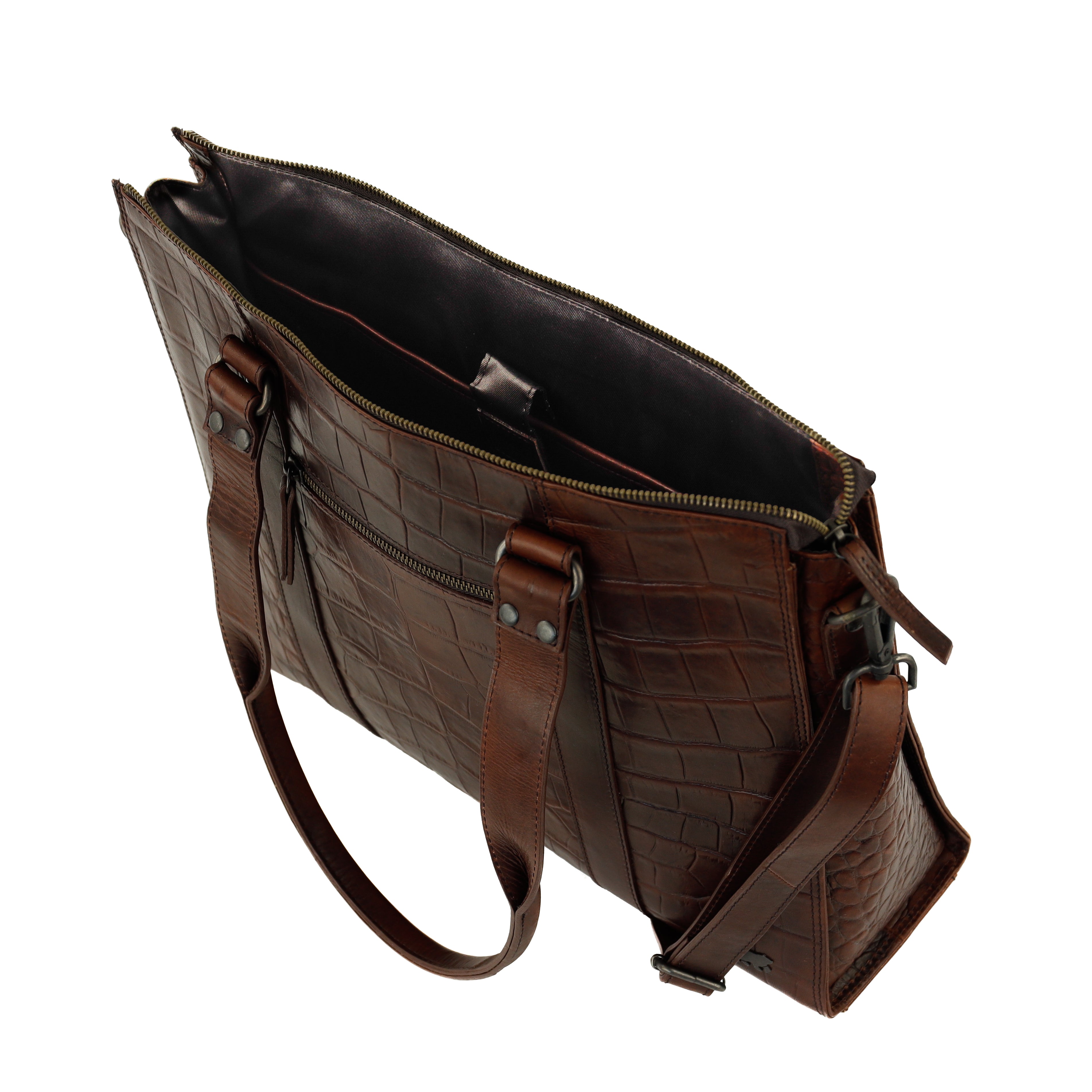 Croco Hand-/Umhängetasche mit Laptopfach 15.6" 'Aurelia' Dunkelbraun
